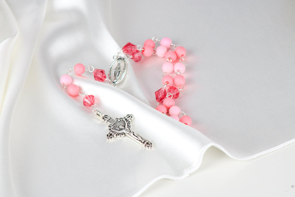 Auto Rosenkranz- Dunkel Pink Rosa / Silber