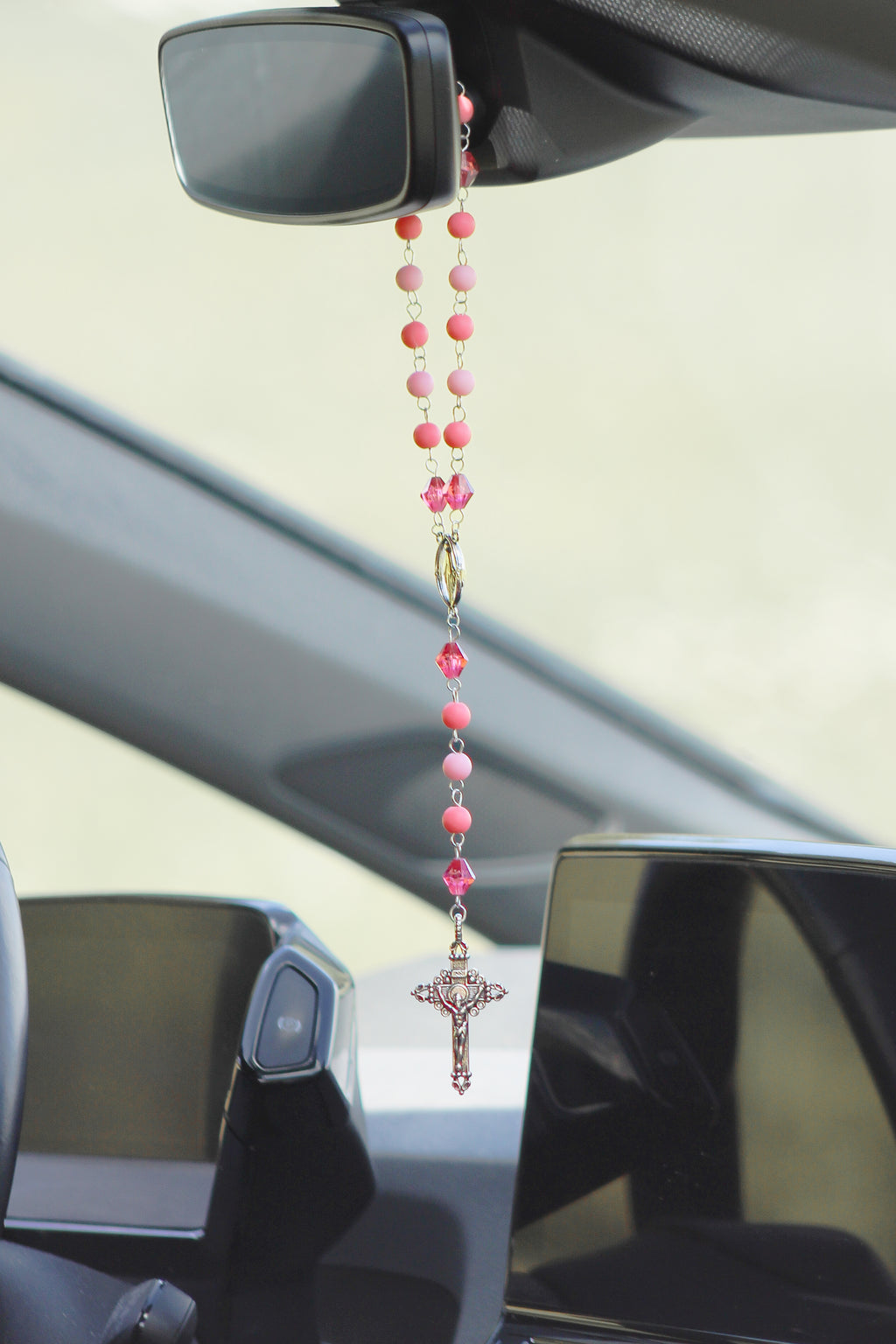 Auto Rosenkranz- Dunkel Pink Rosa / Silber