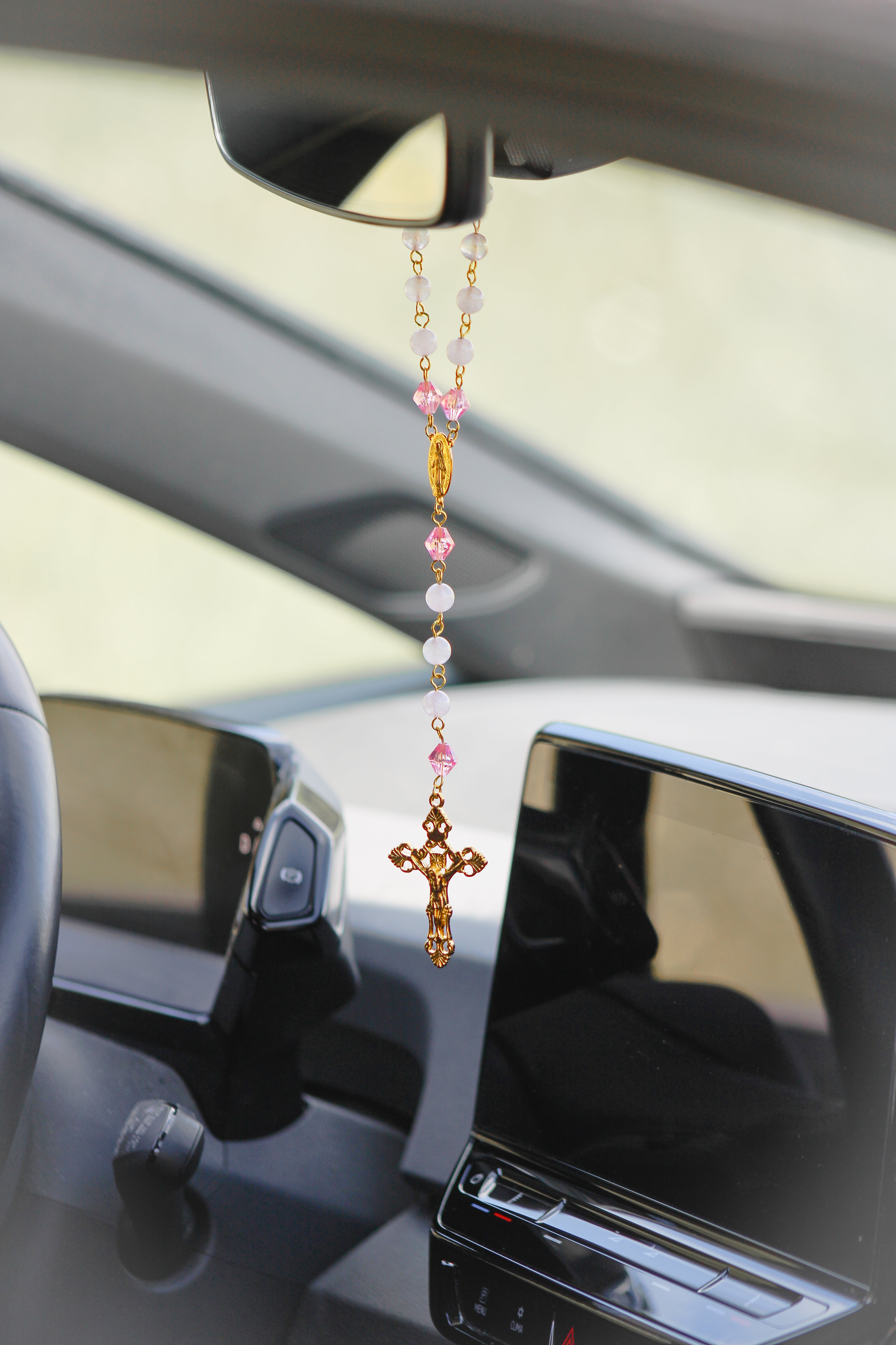 Auto Rosenkranz - Pink Rosa / Gold